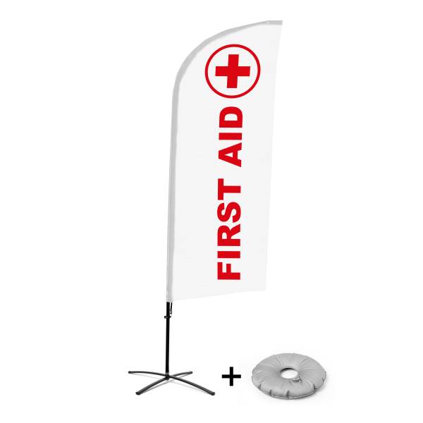 Kompletní sada reklamní vlajky ve tvaru křídla, První pomoc, anglicky Křížová Základna
