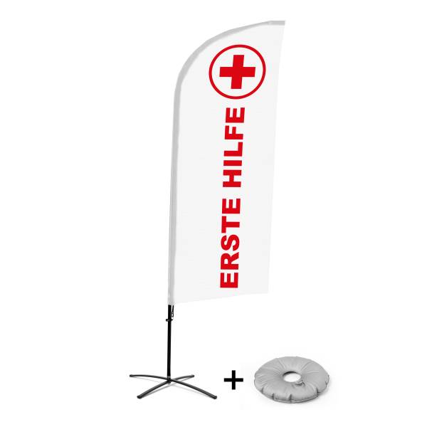 Kompletní sada reklamní vlajky ve tvaru křídla, První pomoc, německy Křížová Základna