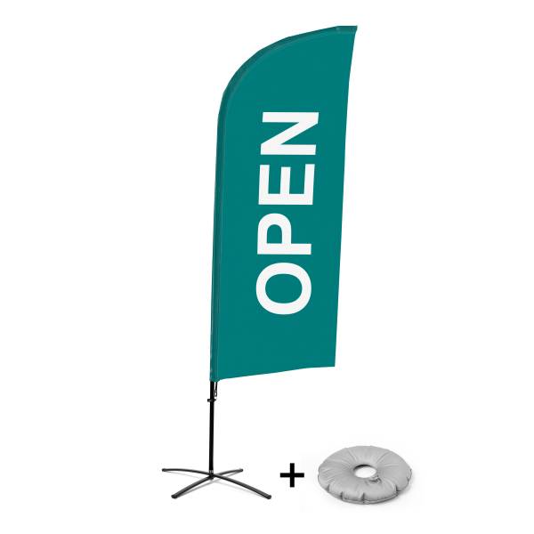 Kompletní sada reklamní vlajky ve tvaru křídla, Otevřeno, zelená, anglicky Křížová Základna