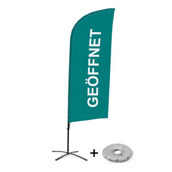 Kompletní sada reklamní vlajky ve tvaru křídla, Otevřeno, zelená, německy Křížová Základna