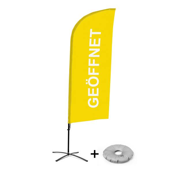 Kompletní sada reklamní vlajky ve tvaru křídla, Otevřeno, žlutá, německy Křížová Základna