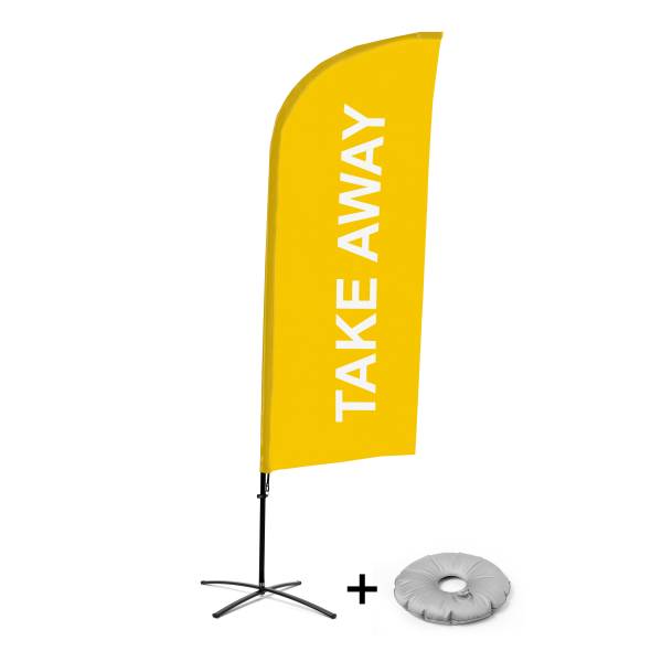 Kompletní sada reklamní vlajky ve tvaru křídla, Take away, žlutá křížová základna