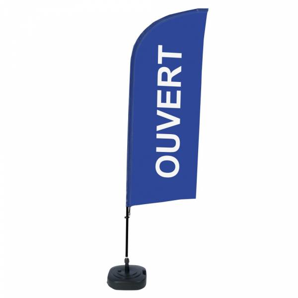 Kompletní sada reklamní vlajky ve tvaru křídla, Otevřeno, modrá, francouzština ECO