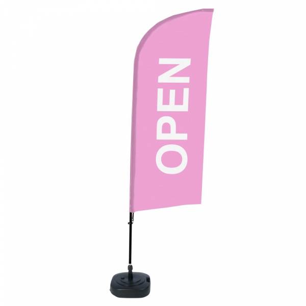 Kompletní sada reklamní vlajky ve tvaru křídla, Otevřeno, růžová, anglicky ECO
