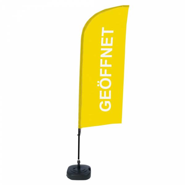Kompletní sada reklamní vlajky ve tvaru křídla, Otevřeno, žlutá, německy ECO