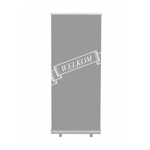 Set Roll-baneru Budget s vytištěným motivem, šířka 85 cm, Přivítání, šedý, holandsky