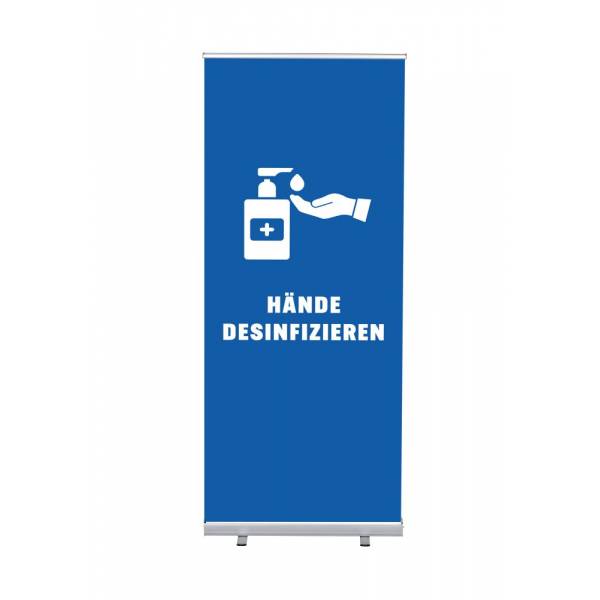 Set Roll-baneru Budget s vytištěným motivem dezinfikovat ruce, modrá, německy