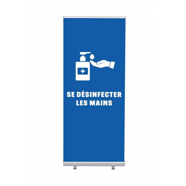 Set Roll-baneru Budget s vytištěným motivem dezinfikovat ruce, modrá, francouzština