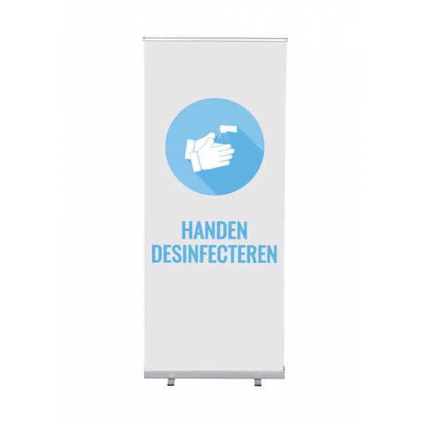 Set Roll-baneru Budget s vytištěným motivem dezinfikovat ruce, bílý, holandsky