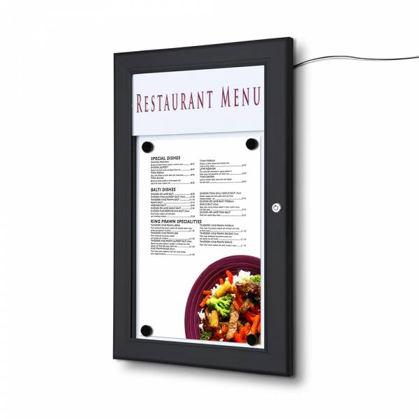 Venkovní "menu" vitrína 1xA4, s horní osvětlovací LED lištou, v barvě RAL9005